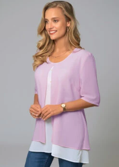 Faux Two Piece Round Neck Decorative Button Blouse -OLALA Clothing Shop 279690 P 16263314603462