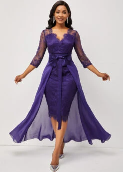 Lace Patchwork Purple 3/4 Sleeve Multiway Dress