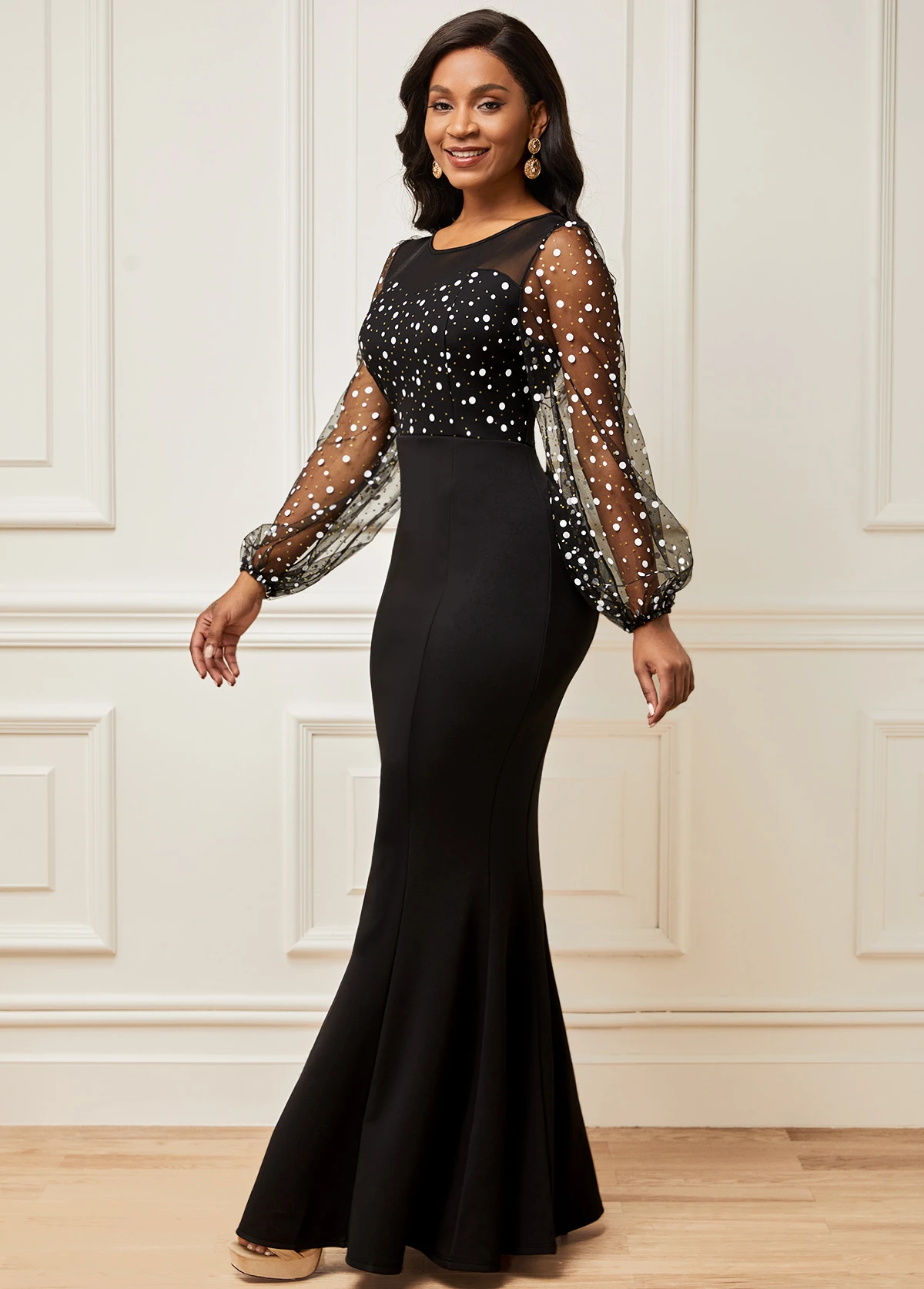 Long Sleeve Round Neck Mesh Stitching Dress 5 Long Sleeve Round Neck Mesh Stitching Dress - Image 3