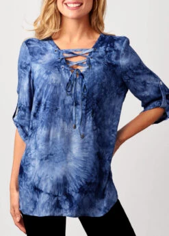 Lace Up Tie Dye Blue Blouse -OLALA Clothing Shop 287688 P 16376591812793