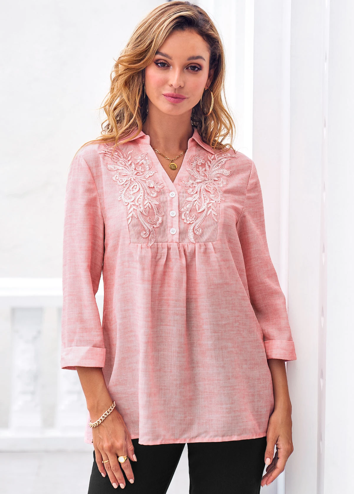 Lace Stitching 3/4 Sleeve Pink Blouse 6 Lace Stitching 3/4 Sleeve Pink Blouse - Image 4