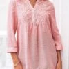 Lace Stitching 3/4 Sleeve Pink Blouse -OLALA Clothing Shop 288380 P 16383291114870