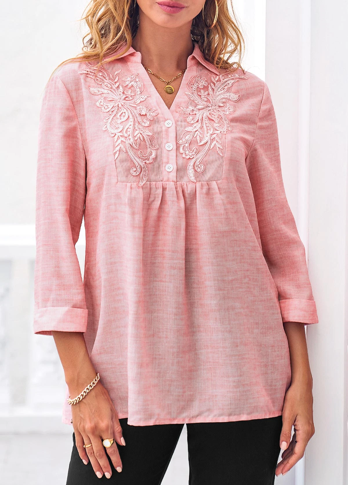 Lace Stitching 3/4 Sleeve Pink Blouse 3 Lace Stitching 3/4 Sleeve Pink Blouse