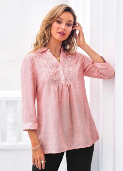 Lace Stitching 3/4 Sleeve Pink Blouse 9 Lace Stitching 3/4 Sleeve Pink Blouse -OLALA Clothing Shop 288380 P 16383291116682