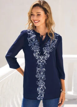 Navy Blue Split Neck Tribal Print Blouse -OLALA Clothing Shop 289099 P 16381712101882