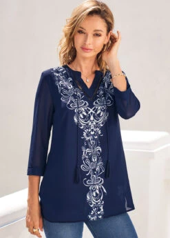 Navy Blue Split Neck Tribal Print Blouse -OLALA Clothing Shop 289099 P 16381712101984