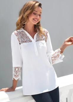 Lace Patchwork Turndown Collar White 3/4 Sleeve Blouse -OLALA Clothing Shop 289129 P 16383282761603
