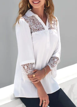 Lace Patchwork Turndown Collar White 3/4 Sleeve Blouse -OLALA Clothing Shop 289129 P 16383282767822