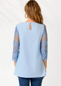 Lace Stitching Split Neck Light Blue Blouse -OLALA Clothing Shop 289842 P 16395618342711