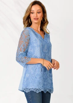 Lace Stitching Split Neck Light Blue Blouse -OLALA Clothing Shop 289842 P 16395618342892