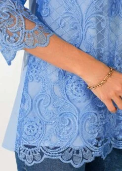 Lace Stitching Split Neck Light Blue Blouse -OLALA Clothing Shop 289842 P 16395618346703