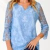 Lace Stitching Split Neck Light Blue Blouse -OLALA Clothing Shop 289842 P 16395618348440