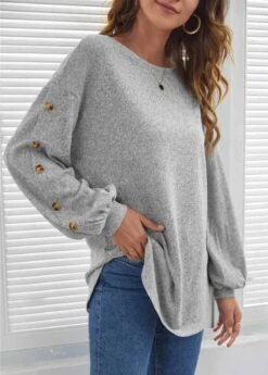Decorative Button Long Sleeve Light Grey T Shirt 9 Decorative Button Long Sleeve Light Grey T Shirt -OLALA Clothing Shop 290598 P 1636512613184