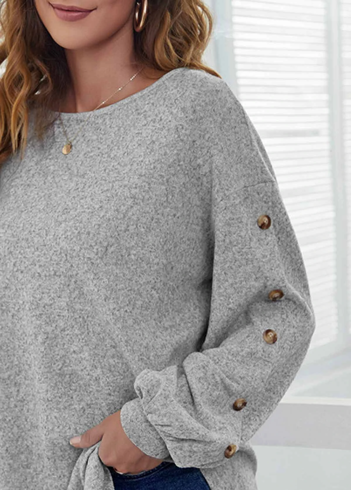 Decorative Button Long Sleeve Light Grey T Shirt 7 Decorative Button Long Sleeve Light Grey T Shirt - Image 5