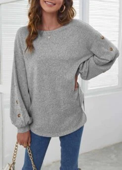 Decorative Button Long Sleeve Light Grey T Shirt 10 Decorative Button Long Sleeve Light Grey T Shirt -OLALA Clothing Shop 290598 P 1636512614666