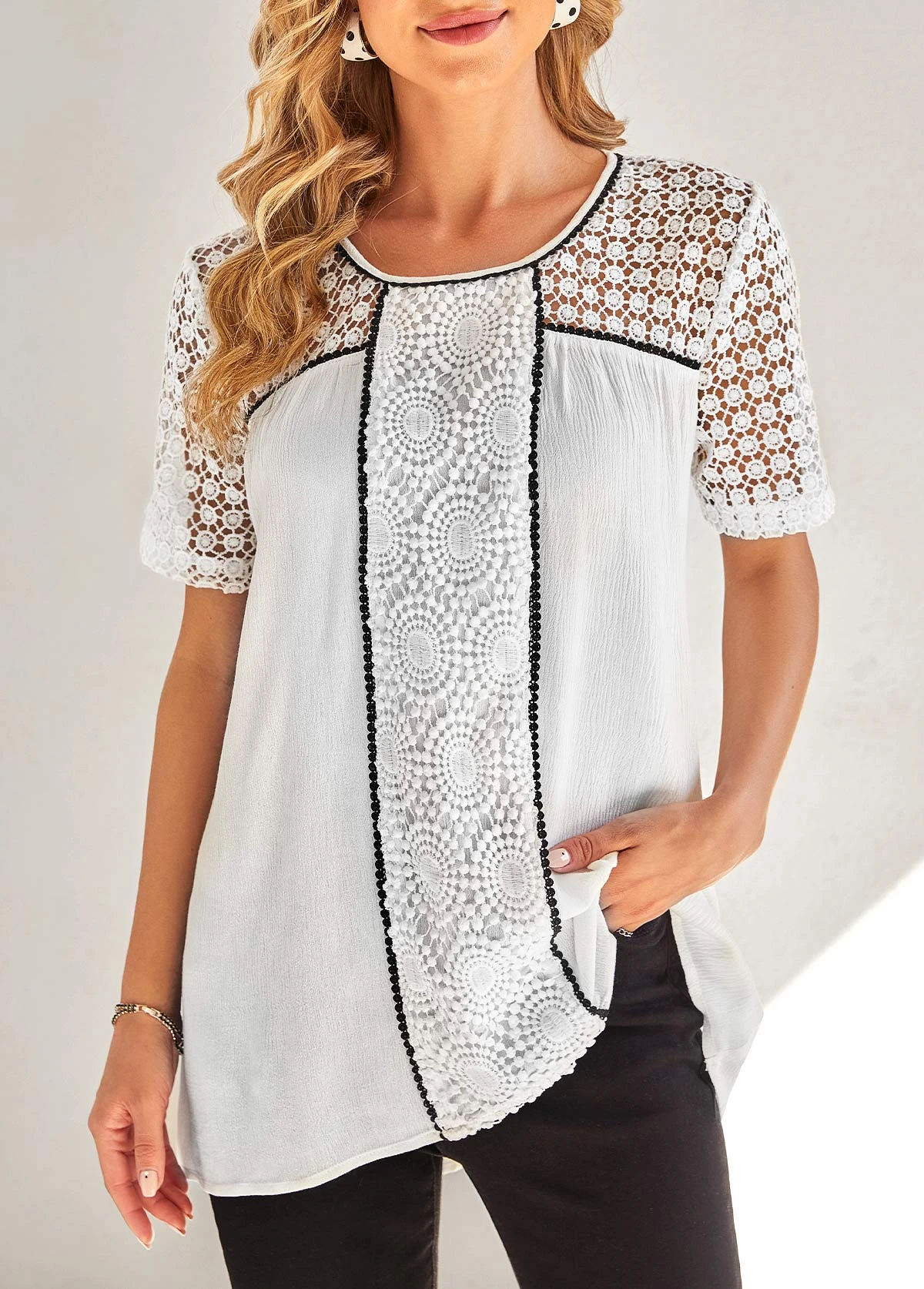 Lace Stitching White Contrast Stitch Blouse 3 Lace Stitching White Contrast Stitch Blouse
