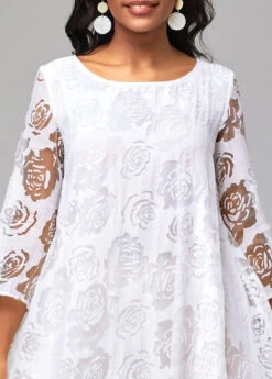 White Mesh Stitching Sheer Asymmetric Hem Floral Print Dress -OLALA Clothing Shop 292499 P 16503484184804