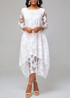 White Mesh Stitching Sheer Asymmetric Hem Floral Print Dress -OLALA Clothing Shop 292499 P 16503484188153