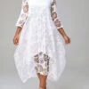 White Mesh Stitching Sheer Asymmetric Hem Floral Print Dress 1 White Mesh Stitching Sheer Asymmetric Hem Floral Print Dress -OLALA Clothing Shop 292499 P 16503484189400