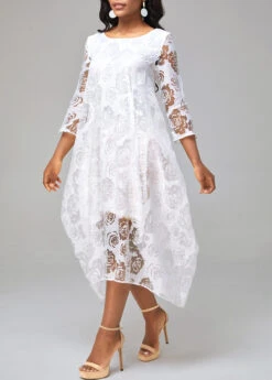 White Mesh Stitching Sheer Asymmetric Hem Floral Print Dress -OLALA Clothing Shop 292499 P 16503484189752