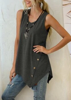 Dark Grey Asymmetric Hem Decorative Button Tank Top -OLALA Clothing Shop 292723 P 1638327319206
