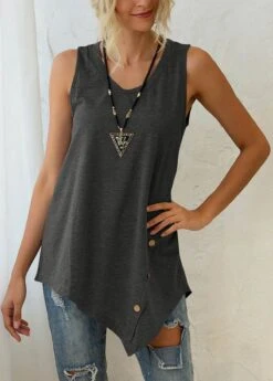Dark Grey Asymmetric Hem Decorative Button Tank Top -OLALA Clothing Shop 292723 P 1638327319700