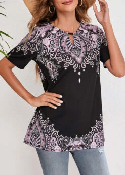 Tribal Print Short Sleeve Black T Shirt -OLALA Clothing Shop 297393 P 16498453541102