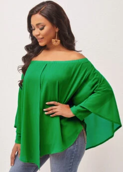 Off Shoulder Layered Asymmetric Hem Green Blouse -OLALA Clothing Shop 297680 P 16449131244162