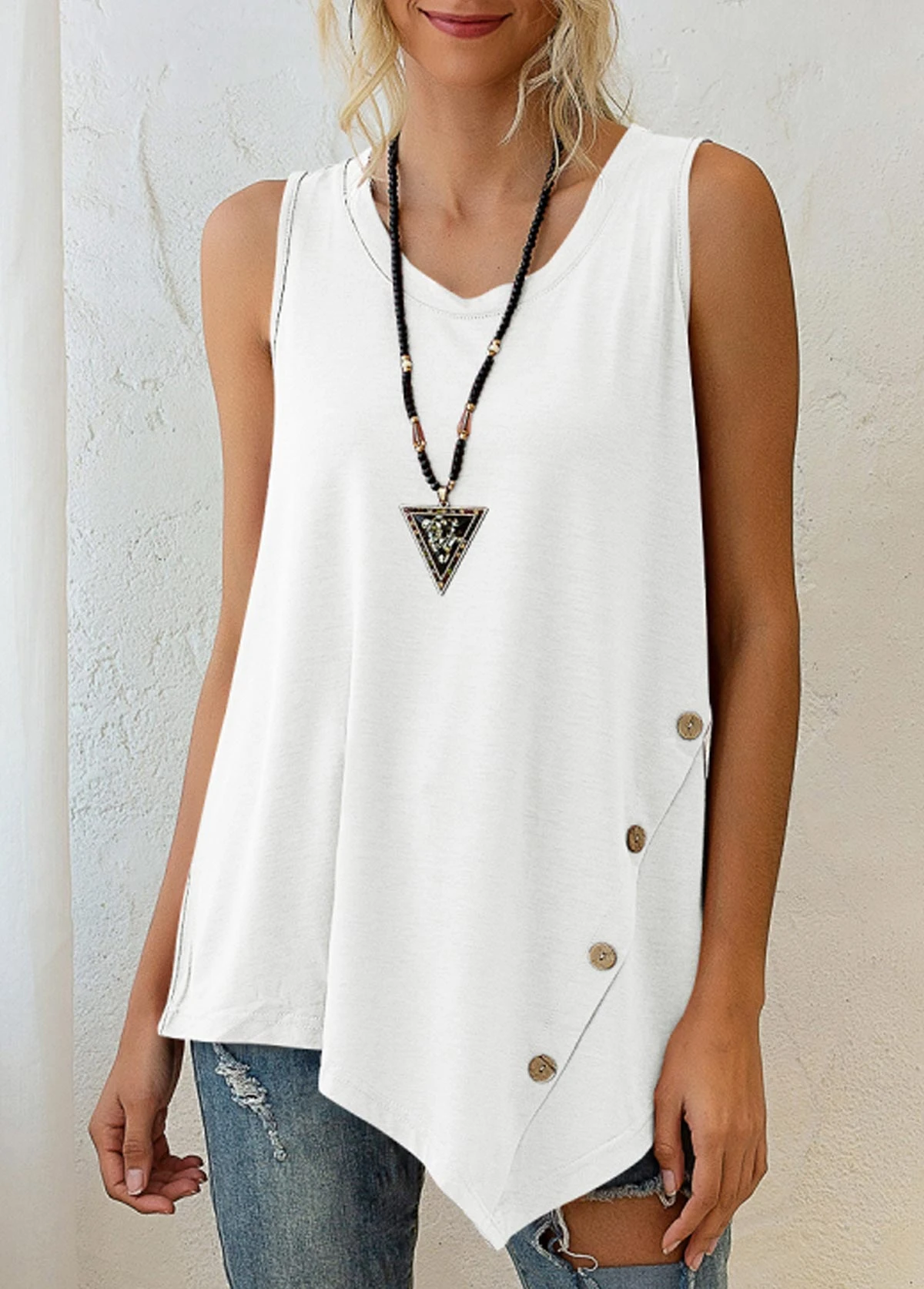 White Asymmetric Hem Decorative Button Tank Top 3 White Asymmetric Hem Decorative Button Tank Top