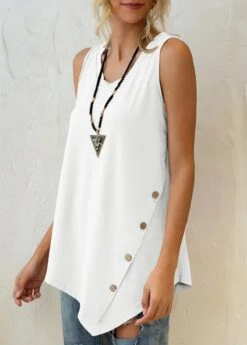 White Asymmetric Hem Decorative Button Tank Top 8 White Asymmetric Hem Decorative Button Tank Top -OLALA Clothing Shop 297713 P 1644976512891