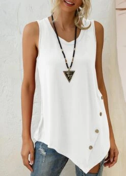 White Asymmetric Hem Decorative Button Tank Top 9 White Asymmetric Hem Decorative Button Tank Top -OLALA Clothing Shop 297713 P 1644976513987