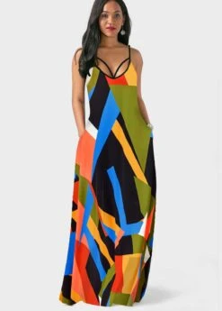 Geometric Print Spaghetti Strap Double Side Pockets Dress -OLALA Clothing Shop 298453 P 1646035737114