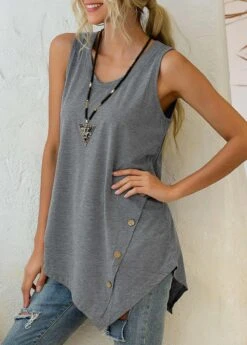 Grey Asymmetric Hem Decorative Button Tank Top -OLALA Clothing Shop 299013 P 1646039719963