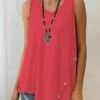 Coral Red Asymmetric Hem Decorative Button Tank Top