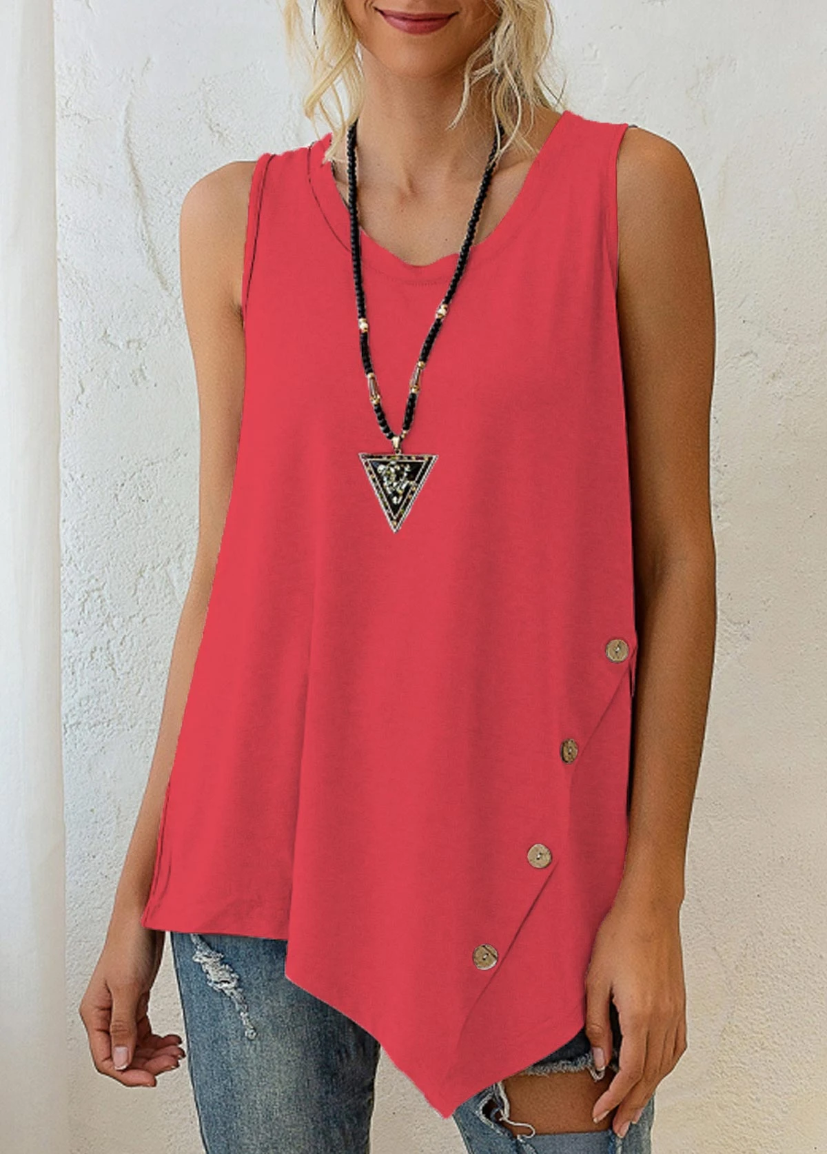 Coral Red Asymmetric Hem Decorative Button Tank Top 3 Coral Red Asymmetric Hem Decorative Button Tank Top