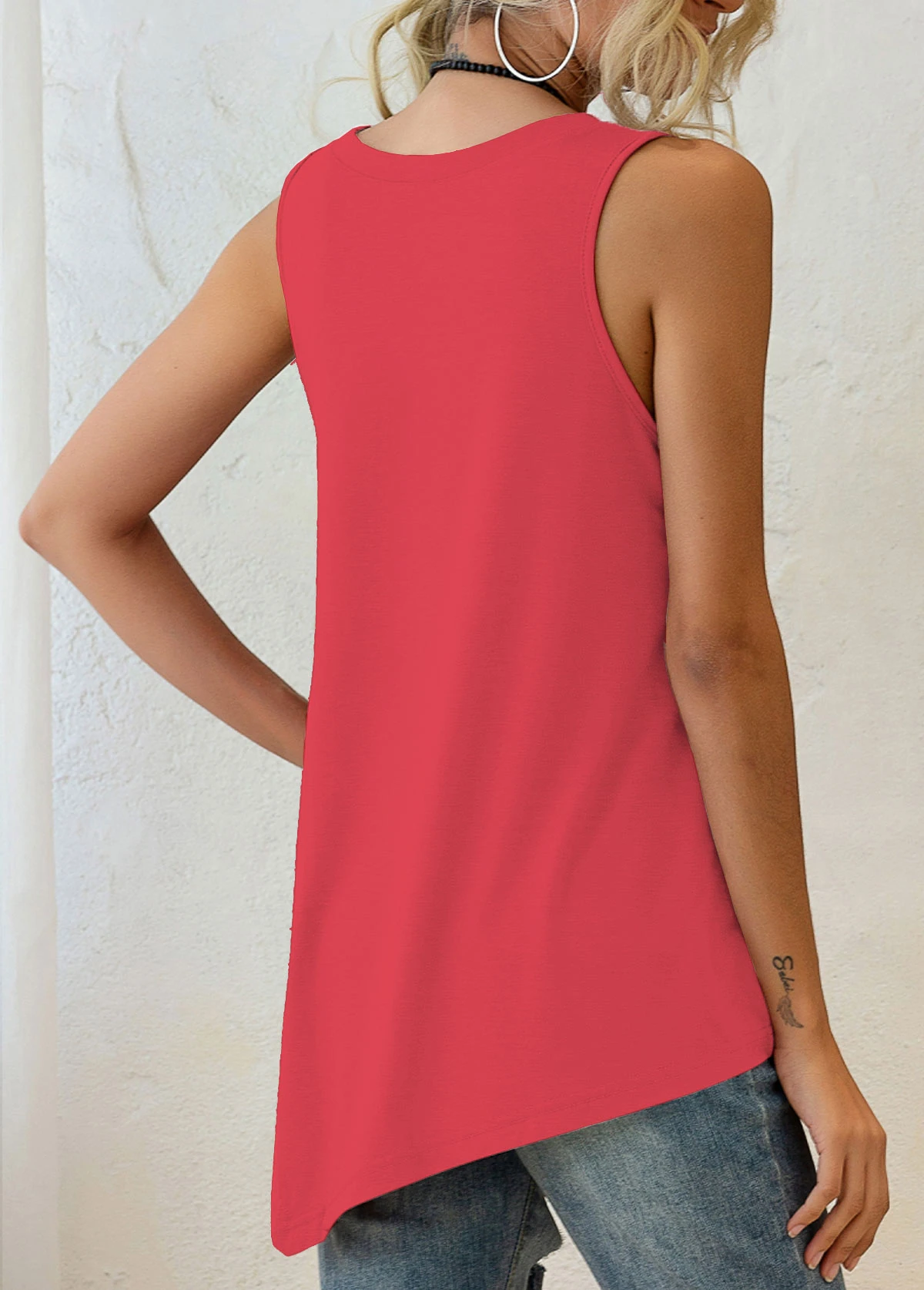 Coral Red Asymmetric Hem Decorative Button Tank Top 4 Coral Red Asymmetric Hem Decorative Button Tank Top - Image 2