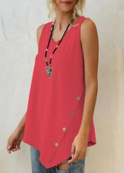 Coral Red Asymmetric Hem Decorative Button Tank Top 7 Coral Red Asymmetric Hem Decorative Button Tank Top -OLALA Clothing Shop 299014 P 1646292145752