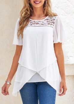 White Cross Hem Short Sleeve Round Neck Blouse -OLALA Clothing Shop 299465 P 16590882001470