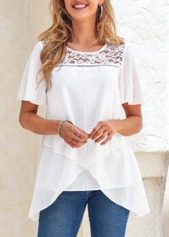 White Cross Hem Short Sleeve Round Neck Blouse -OLALA Clothing Shop 299465 P 16590882008123