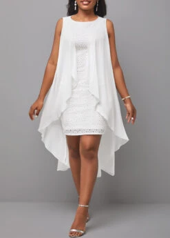 White Sleeveless Round Neck Hollow Embroidered Dress -OLALA Clothing Shop 299937 P 16811917816956