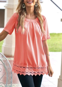 Peach Pink Short Sleeve Lace Stitching Blouse 12 Peach Pink Short Sleeve Lace Stitching Blouse -OLALA Clothing Shop 301201 P 16551980442214