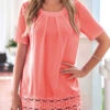 Peach Pink Short Sleeve Lace Stitching Blouse -OLALA Clothing Shop 301201 P 16551980443680