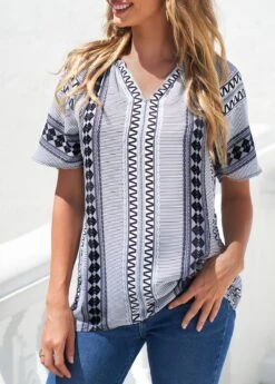 Tribal Print Split Neck Grey Blouse -OLALA Clothing Shop 301295 P 16527949810233