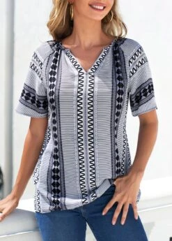 Tribal Print Split Neck Grey Blouse