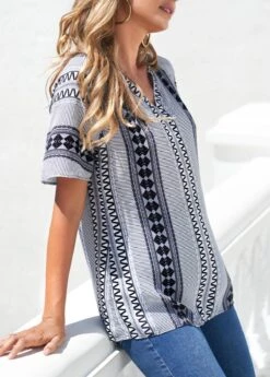 Tribal Print Split Neck Grey Blouse -OLALA Clothing Shop 301295 P 16527949815812