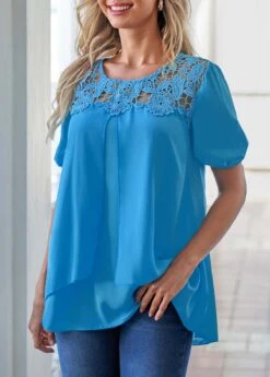 Short Sleeve Sky Blue Layered Hem Blouse -OLALA Clothing Shop 302495 P 16529501616972