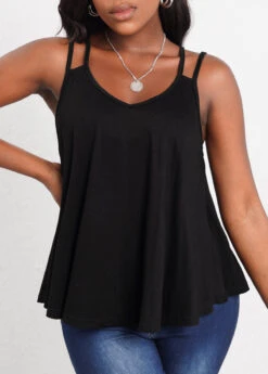 Black Double Straps Curved Hem Camisole Top -OLALA Clothing Shop 303900 P 16524426097322