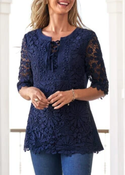 Lace Stitching Navy Blue Split Neck Blouse -OLALA Clothing Shop 304569 P 16571912477483