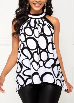 Circle Print White Bib Neck Tank Top -OLALA Clothing Shop 305551 P 1653282715891