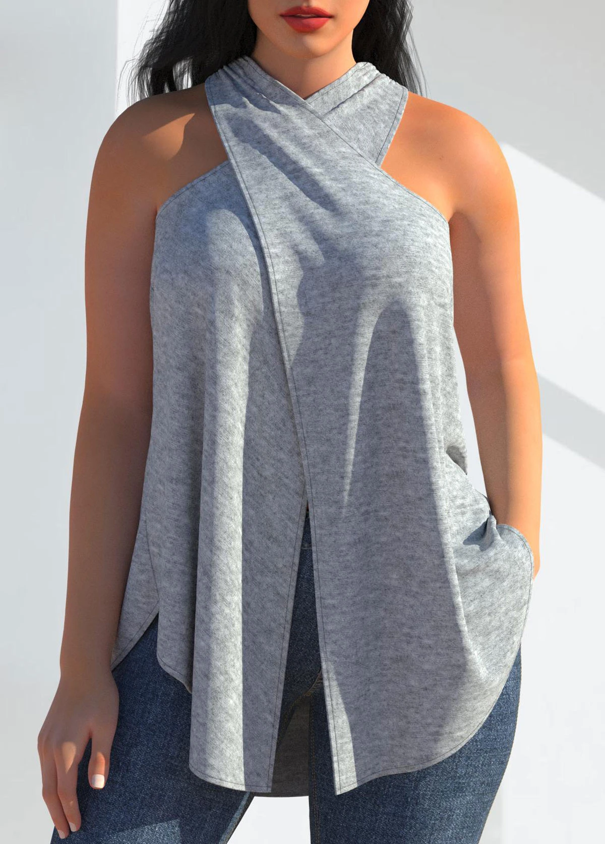 Cross Halter Grey Sleeveless Tank Top 3 Cross Halter Grey Sleeveless Tank Top